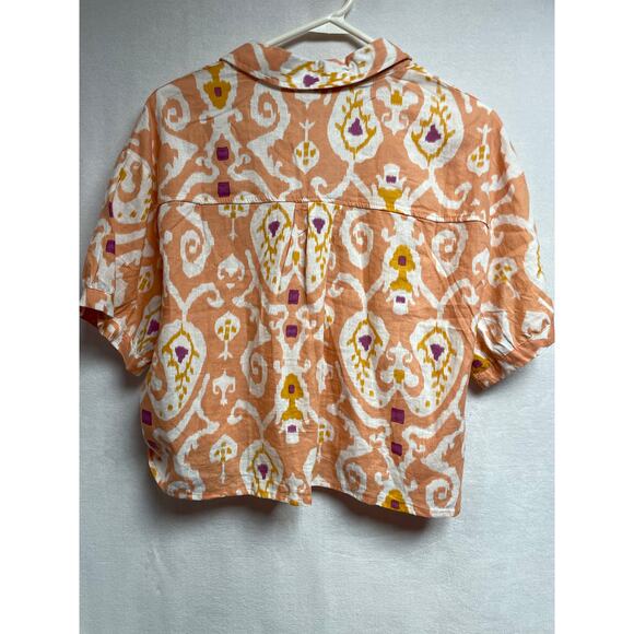 Christian Siriano cropped Medium peach paisley 55% linen button short sleeve - Picture 2 of 5